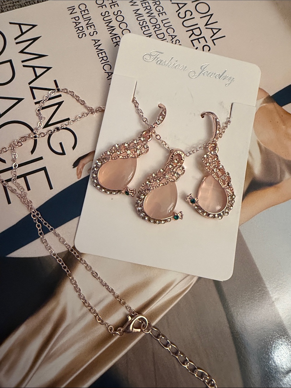 Fashion Jewelry Pink Teardrop Peacock Necklace & Earring Set